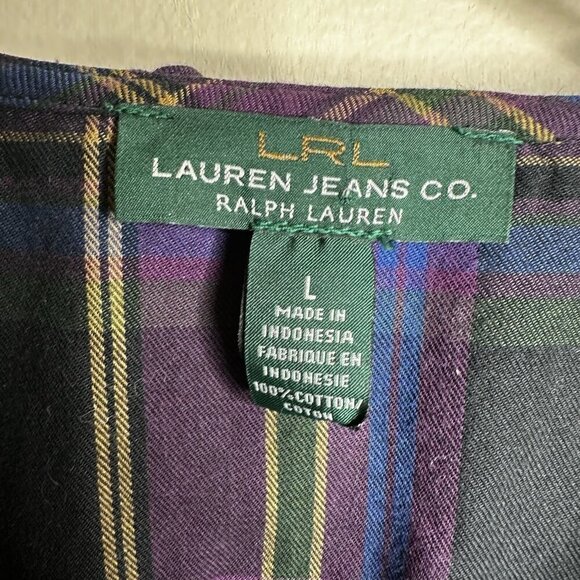 Lauren Ralph Lauren Button Up Blouse Sz L Purple Plaid Ruffle Preppy Academia - Picture 8 of 11
